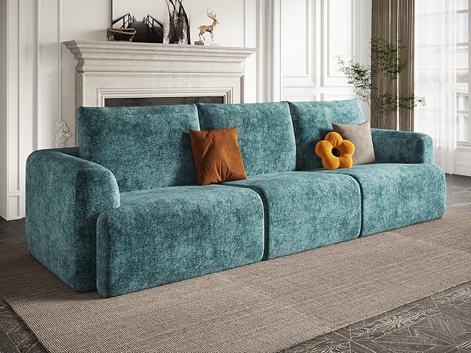 EASE MOOSE Boneless Couch for Living Room, Sectional Cloud Sofa, Modular Cloud Couch, 3-Seater Deep Seat Sofas with Pillow for Bedroom, Apartment, No Assembly Required, Chenille (Blue)