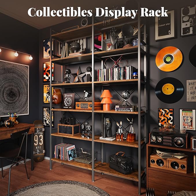 Huuger 6 Tier Bookshelf, L Shaped Corner Bookshelf with Open Shelves, 49.4 Inch Straight Wide Bookcase with Metal Frame and Wooden Board, Adjustable Feet, Rustic Brown