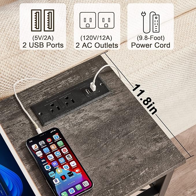 VECELO 39.4In Narrow Sofa/Console Table with Charging Station & Power Outlet and USB Ports, for Entryway, Living Room, Office, Industrial, Metal Frame, 2 Pack, Dark Grey