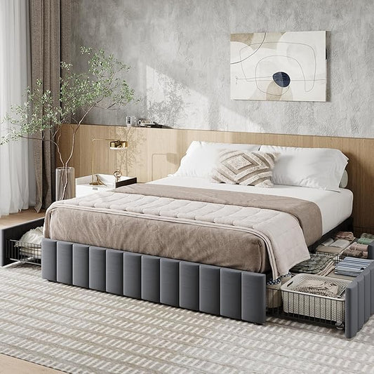 Allewie Full Size Platform Bed Frame with 4 Large Storage Drawers, Velvet Vertical Channel Tufted Upholstered Bed Base, Wooden Slats Support, Noise-Free, No Box Spring Needed, Easy Assembly, Grey