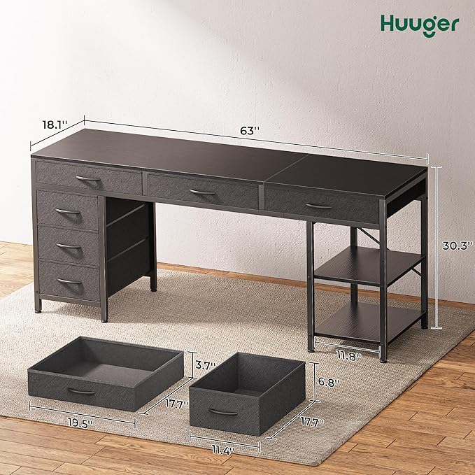 Huuger Computer Desk with 6 Drawers, 63 Inch Office Desk with Shelves, Reversible Gaming Desk, Corner Desk with Storage, for Home Office, Study, Living Room, Black