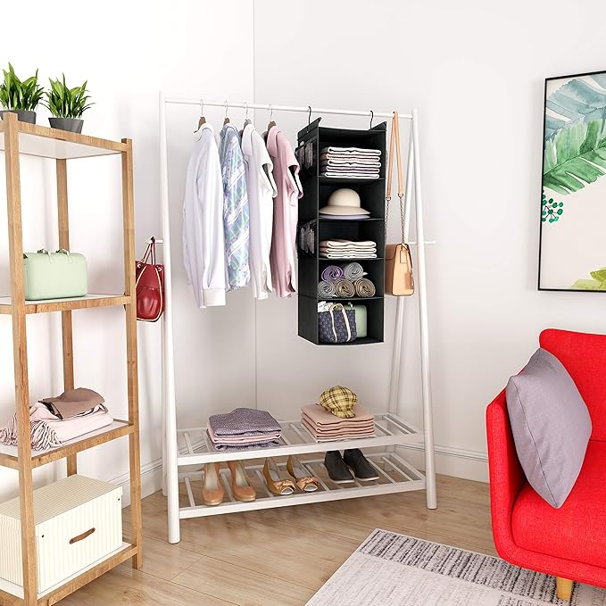 MAX Houser 5-Shelf Hanging Closet Organizer,Space Saver, Cloth Hanging Shelves with 4 Side Pockets,Foldable, Black