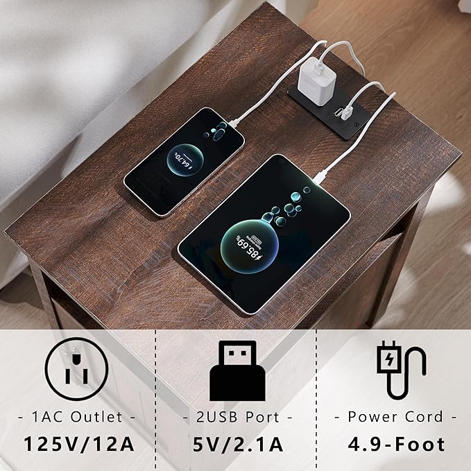 Farmhouse Nightstand Set of 2, End Table with Charging Station, Rustic Side Table w/Barn Door & Open Shelves, Bedside Table w/Storage Space and Storage Cabinet for Bedroom, Living Room (Brown)