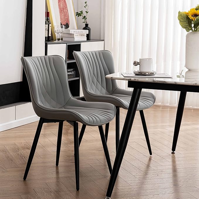 YOUTASTE Dining Chairs Set of 2, Mid Century Modern Upholstered Faux Leather Kitchen Room Chairs, with Black Metal Legs, Armless Accent Chair for Living Room, Bedroom, Vanity, Grey