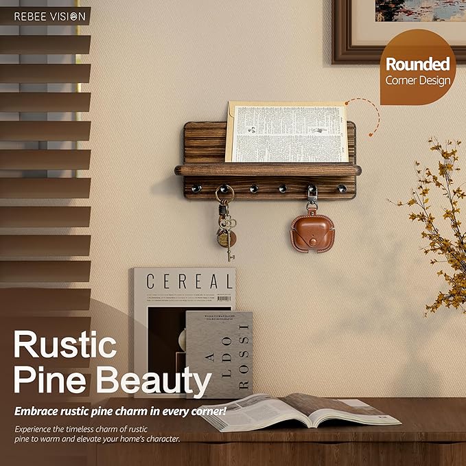 Rebee Vision Farmhouse Key Holder Wall Mount for Home Decor – Decorative Pine Wooden Key Holder for Wall with 6 Hooks & Floating Shelf - Rustic Charm for Room Decor Aesthetic (Brown)