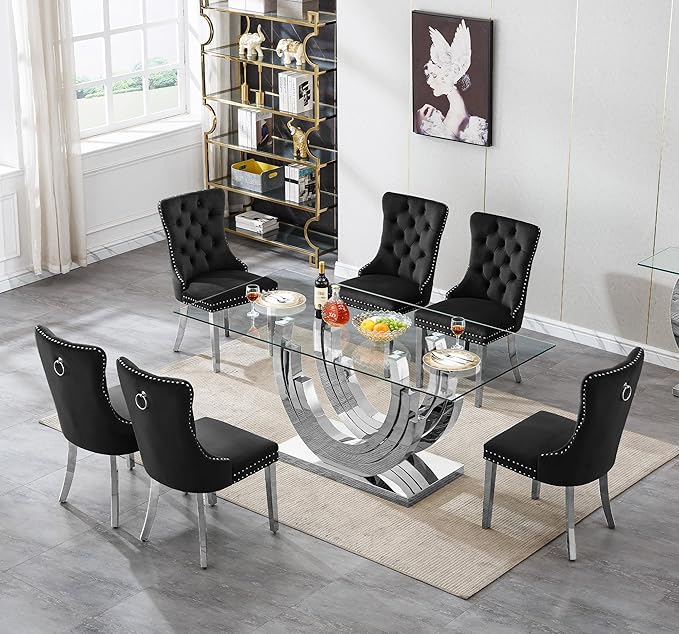 7 Piece Dining Table Set with 6 Black Dining Chairs, Modern Glass Kitchen Table and Chairs Set for 6, 70" Rectangle Silver Glass Pedestal Dining Room Tables with Ring-Shape Stainless Steel Base