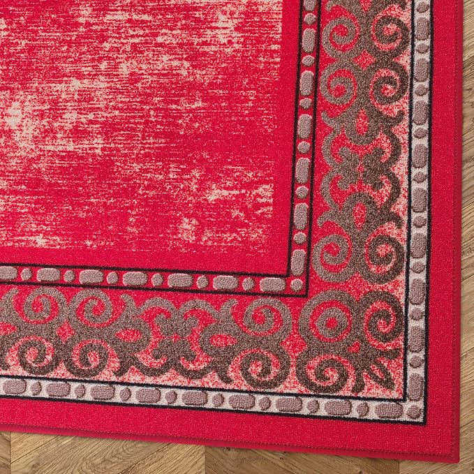 Antep Rugs Alfombras Bordered Modern 3x5 Non-Slip (Non-Skid) Low Pile Rubber Backing Indoor Area Rug (Red, 3' x 5')