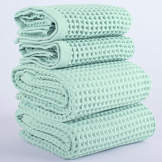 Püskül - Luxury Waffle Towel Set for Bathroom 4 Pieces Ice Green, Premium Quality Organic 100% Turkish Cotton 2 Hand and 2 Bath Towels Sets, Quick Dry Thin Waffle Towels, Made in Turkiye (Ice Green)