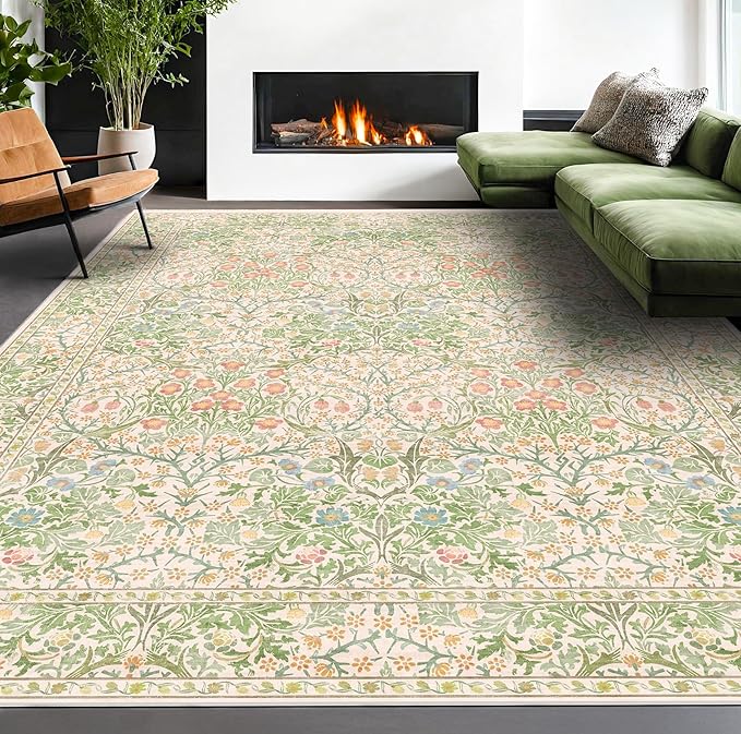 Vintage Washable Beige Green 10x14 Rug for Living Room - Extra Large Area Rug for Dining Room Under Table, Soft Low Pile Carpet for Bedroom - Victorian Forest Floral Design Non-Slip