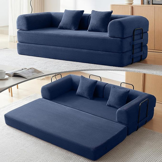 Convertible Sofa Bed with Cylindrical Pillow,Comfy Floor Sofa Bed Compressed Sofa in Box, Convertible Sofa Bed for Living Room Bedroom Lounge Studio, Comfy High Density Foam Mattress(Navy Blue)