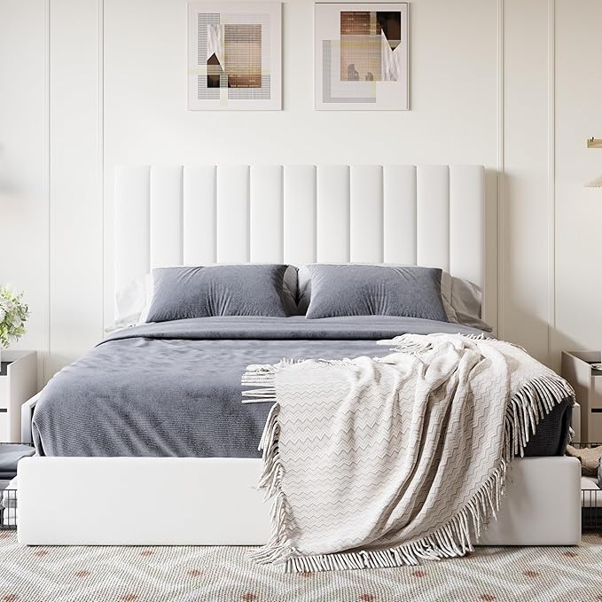 SHA CERLIN Queen Size Platform Bed Frame with 4 Storage Drawers, Vertical Channel Tufted Adjustable Headboard, Velvet Upholstered, Wooden Slats Support, No Box Spring Needed, Easy Assembly, White