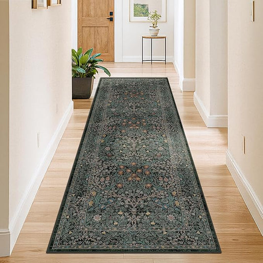 8ft Long Runners for Hallways Non Slip, 2'6" x 8' Floor Runner for Kitchen, Entryway Indoor, Washable Rubber Backing Stain Resistant - Vintage Floral Dark Green & Black Wide Décor