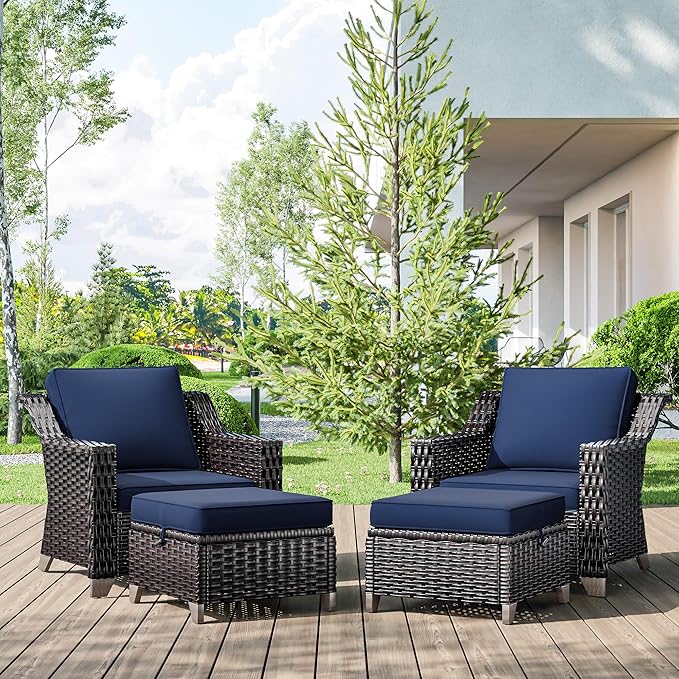 4 Pieces Wicker Patio Furniture, Luxury Outdoor Furniture with 2 Pieces Patio Rattan Chair, 2 Patio Ottoman, Wide Armrest, Thickened Cushions, Ideal for Deck, Porch Use