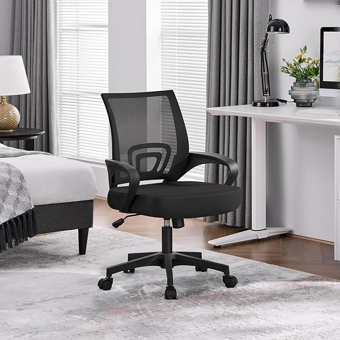 Yaheetech Mid-Back Mesh Office Chair Adjustable Ergonomic Computer Task Chair Swivel Rolling with Lumbar Support Armrest for Home Office Work Study, Black