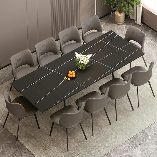 Expandable Rectangular Dining Table (62.9" to 94.4") – Modern Black Sintered Stone Top, Adjustable Table for 6 to 10 People for Dining Room Family Gathering
