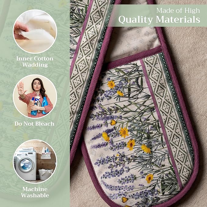 Maison d' Hermine Double Oven Mitts 100% Cotton 7"x35" Double Oven Mitt Heat Resistant BBQ Cooking Gloves with Loop, Baking, Grilling, Home, Kitchen, Handling Hot Pans Spring Summer (Fanny Lavender)