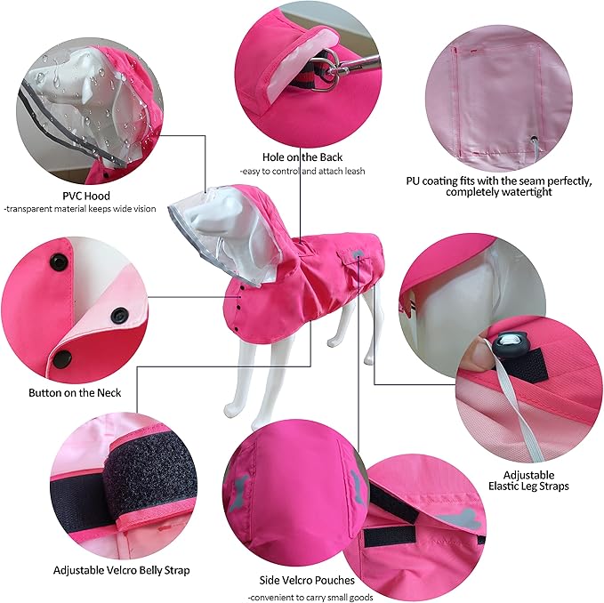 Waterproof Dog Raincoat, Adjustable Reflective Lightweight Pet Rain Clothes with Poncho Hood (Large, Dark Pink)