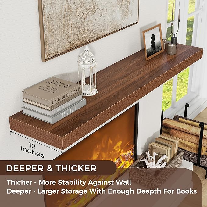 Floating Shelves for Wall, 55 Inch Wide x 12 Inch Deep Floating Shelves, Long Wood Floating Wall Shelf Shelves for Living Room Bathroom Bedroom Kitchen Home - (Walnut, 55" W x 12" D x 2" H)