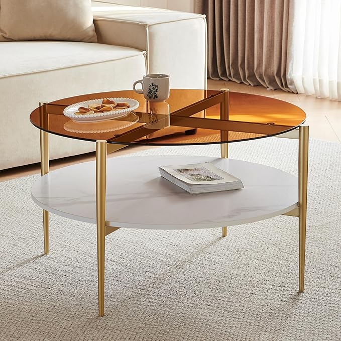 Shrine Modern Coffee Table with Glass Top, Round Table for Living Room, Two-Tier 30-Inch White Wooden Storage Coffee Table, Gold Table Legs Structure & Brown Glass Top