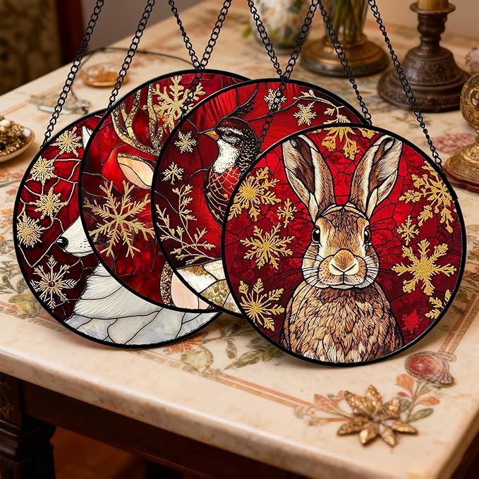 Stained Glass Window Hanging 4 Pcs Set Red Golden Snowflakes Large 11.8" - Christmas Elk Rabbit Suncatcher Door Garden Sun Catcher Decor Birthday for Mom Woman Nana Men