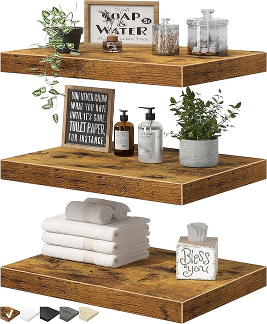 QEEIG 10" Deep Floating Shelves for Wall - 10 x 16 inch Book Shelf Bathroom Bedroom Kitchen Living Room Hanging Bookshelf Farmhouse Set of 3, Rustic Brown (025-40BN3)