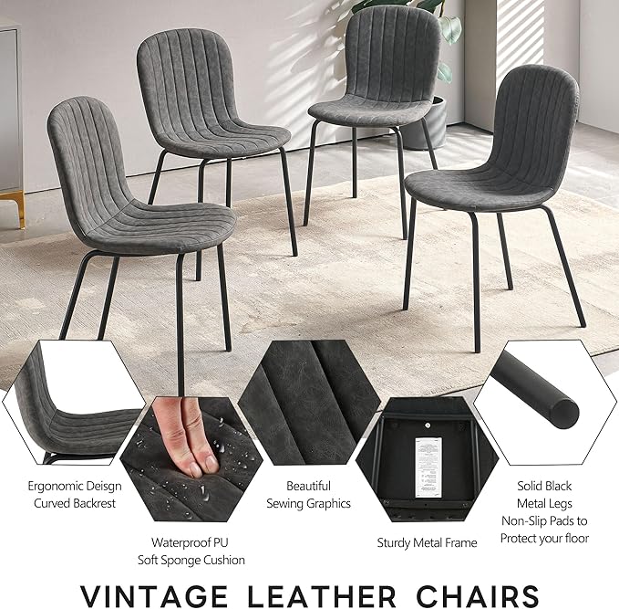 5 Pieces Dining Table Set-Home Kitchen Dining Room Table Set, Solid MDF Dining Table with Irregular Tabletop, 4 PCS Vintage PU Dining Chairs Dark Grey Accent Chairs