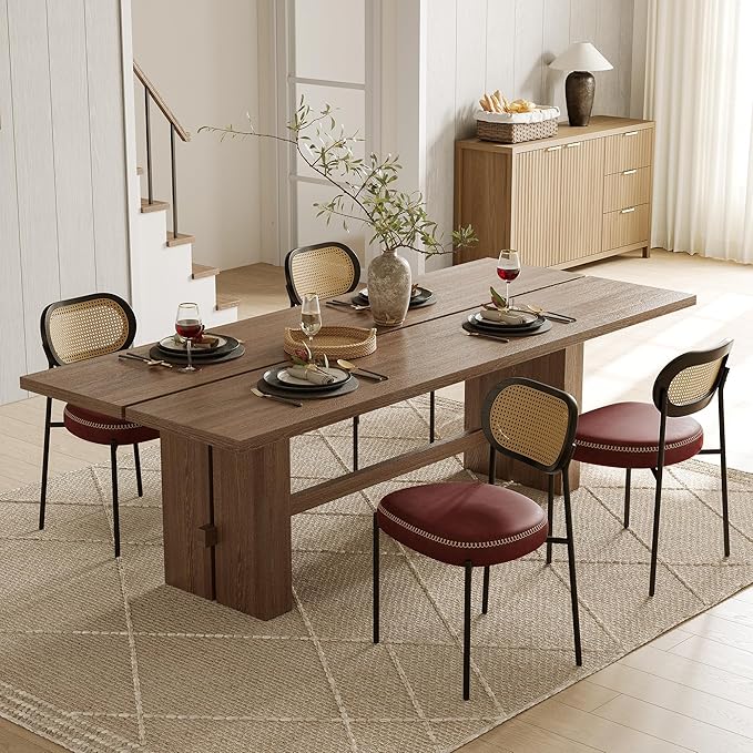 Rattan Dining Chairs Set of 2, Wine Leather Upholstered Dining Chairs with Rattan Cane Back, Mid Century Modern Dining Room Chairs with Black Metal Legs & D-Shaped Thicken Cushion, Wine