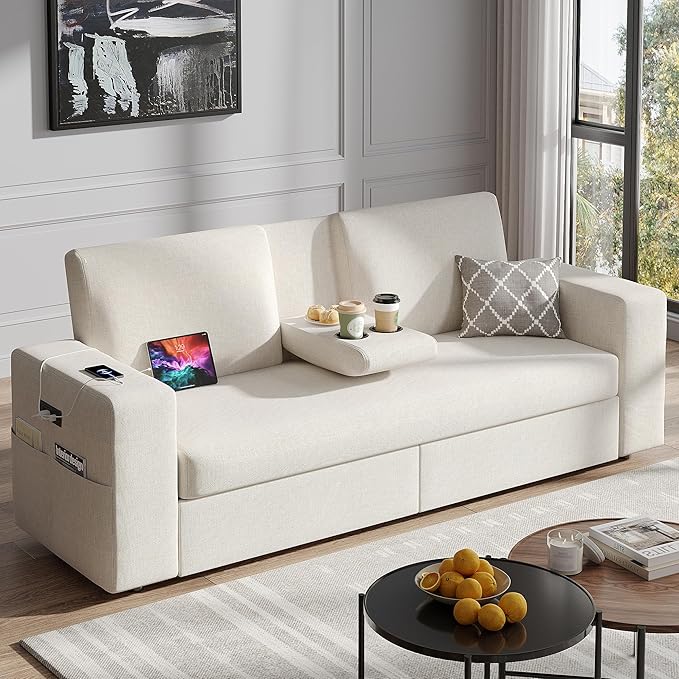 Maupvit 75” Loveseat Sofa with 2 Drawers, USB & Type-C Charging Port, Comfortable Linen Living Room Couch with Small Table Board, Upholstered Small Settee Fits Bedroom, Office,Beige