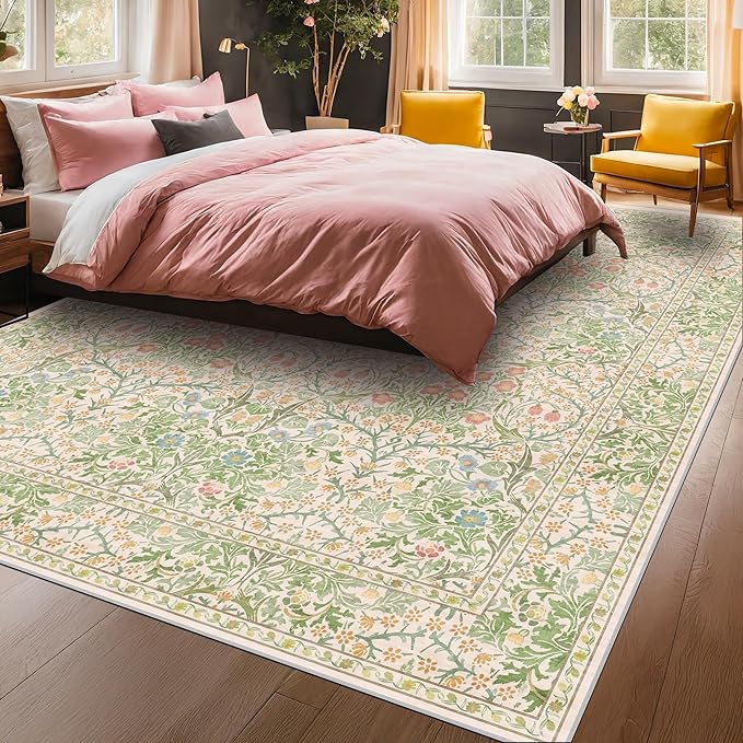 Washable Light Green Rug for Living Room - 9x12 Large Area Rug for Dining Room Under Table, Soft Low Pile Carpet for Bedroom - Vintage Floral, Non-Slip & Stain Resistance (9x12 Beige Green)