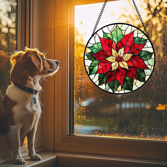 Stained Glass Window Hanging - Red Poinsettia Birth Flower Sun Catcher for Door Garden Home Decor Suncatcher Christmas Mother's Day Birthday Gifts for Women Men Mom Girl Nana Friend 11.8 in