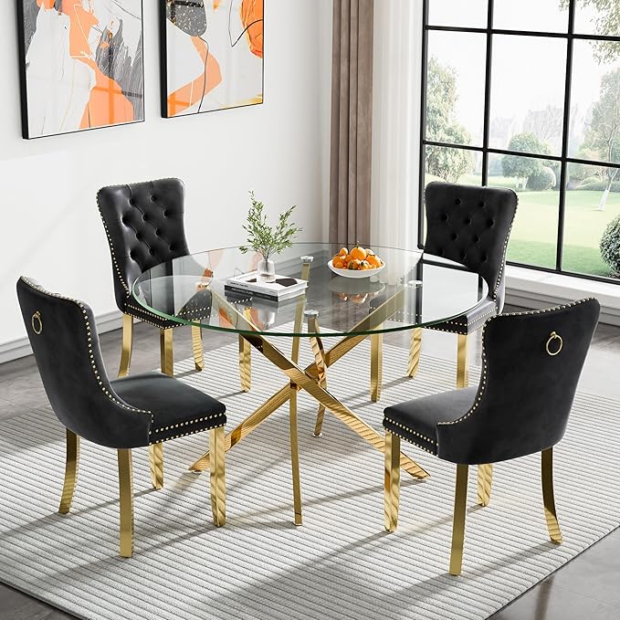 47.24" Round Glass Dining Room Table for 6 with Tempered Glass Top and Gold Chrome Metal Legs, Modern Clear Kitchen and Dinner Table for Home Office Dining Room