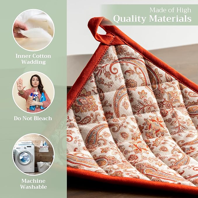 Maison d' Hermine Pot Holders Set 100% Cotton Heat Resistant Potholders 8" x 8" Hot Pads with Loop for Thanksgiving Christmas Decorations BBQ Cooking Baking Handling Hot Pans (Pack of 2, Cachemire)