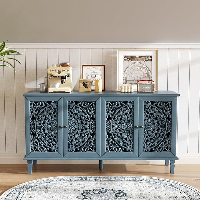 Retro 60'' Large Storage Cabinet Sideboard with 4 Hollow-Carved Doors and Adjustable Shelves, Acacia Wood Vintage Entryway Console Table TV Stand for Living Room Dining Room (Antique Blue-LK)