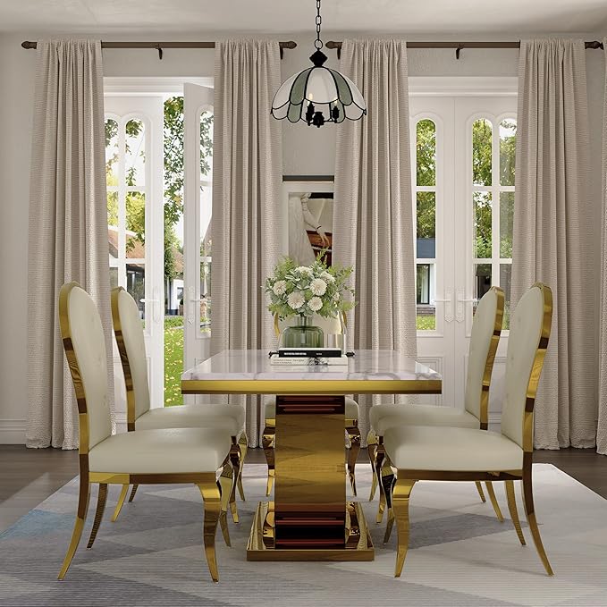 Luxury Dining Room Table with Gold Stainless Steel Metal U-Base in White Gold