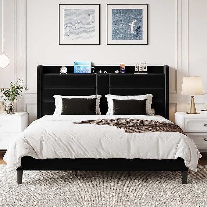 SHA CERLIN King Size Bed Frame with Charging Station & Storage Headboard, Velvet Platform Bed with Upholstered Modern Wingback Design, Wooden Slats Support, No Box Spring Needed, Easy Assembly, Black