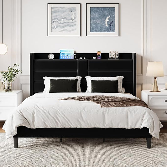SHA CERLIN King Size Bed Frame with Charging Station & Storage Headboard, Velvet Platform Bed with Upholstered Modern Wingback Design, Wooden Slats Support, No Box Spring Needed, Easy Assembly, Black