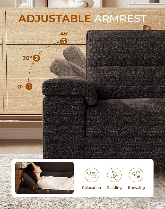 88.97" Modern Sofa Couch for Living Room, Deep Seat Sofa with 8”Cushion, Comfy 2-Seater Chenille Loveseat Sofa with Convertible Armrest, Removable Sofa Cover, High Leg (Dark Gray)