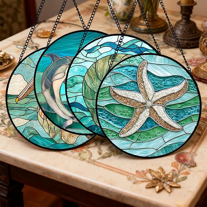 Stained Glass Window Hanging 4 Pcs Set Cyan Ocean Life Theme Large 11.8" - Sea Starfish Suncatcher Door Garden Sun Catcher Decor Birthday for Mom Woman Nana Men Friend