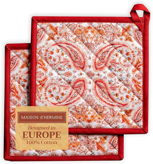 Maison d' Hermine Pot Holders Set 100% Cotton Heat Resistant Potholders 8" x 8" Hot Pads with Loop for Thanksgiving Christmas Decorations BBQ Cooking Baking Handling Hot Pans (Pack of 2, Orient)
