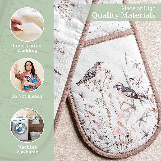 Maison d' Hermine Double Oven Mitts 100% Cotton 7"x35" Double Oven Mitt Heat Resistant BBQ Cooking Gloves with Loop, Baking, Grilling, Kitchen, Handling Hot Pans Spring Summer (Meadow Florals - Brown)