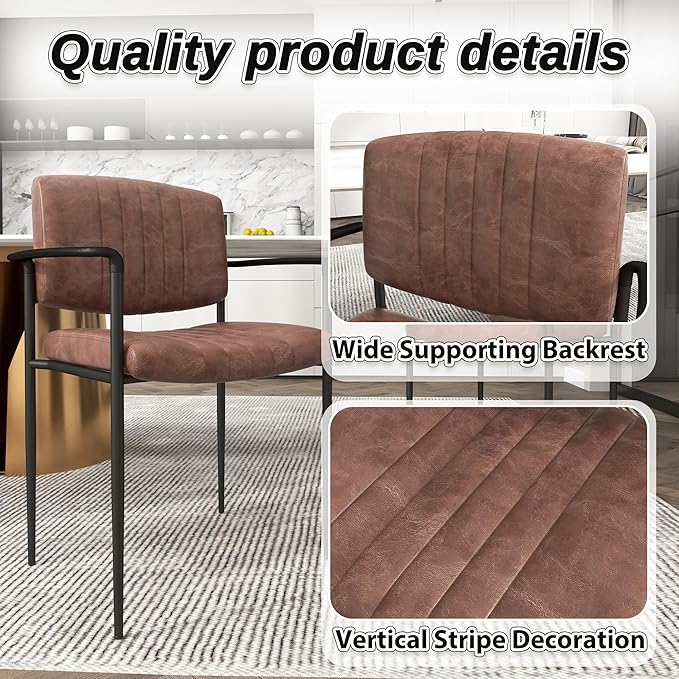 Mid-Century Modern PU Leather Dining Chairs Set of 6, Upholstered Kitchen Chairs with Arms and Metal Legs Adjustable Feet for Kitchen Dining Room(Brown)