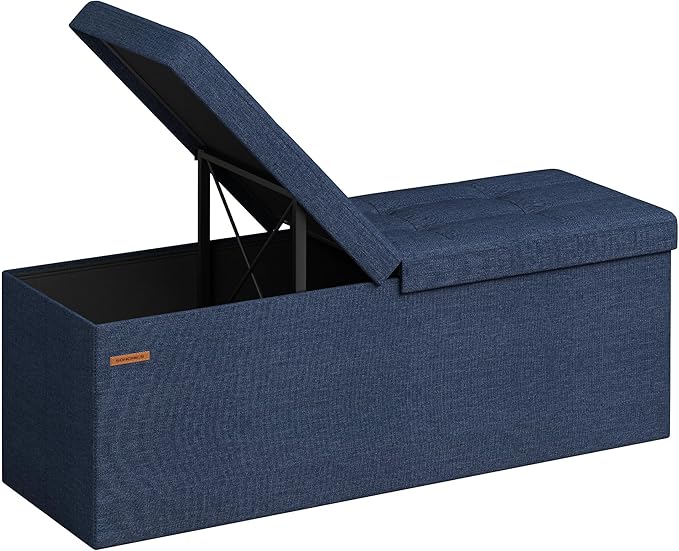 SONGMICS Mazie Collection - 43 Inches Storage Ottoman, Foldable Storage Bench with Flipping Lid, 660 lb Load Capacity, for Entryway, Living Room, Bedroom, Midnight Blue ULSF076Q02