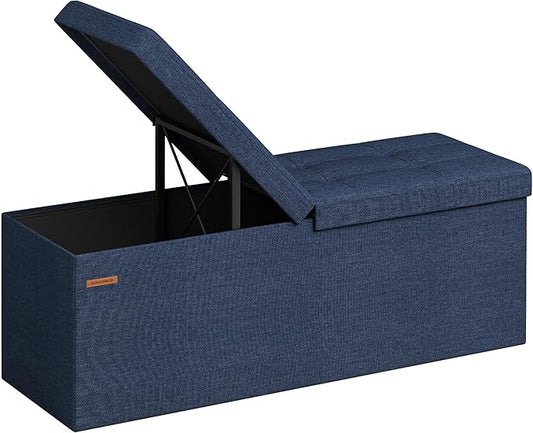 SONGMICS Mazie Collection - 43 Inches Storage Ottoman, Foldable Storage Bench with Flipping Lid, 660 lb Load Capacity, for Entryway, Living Room, Bedroom, Midnight Blue ULSF076Q02