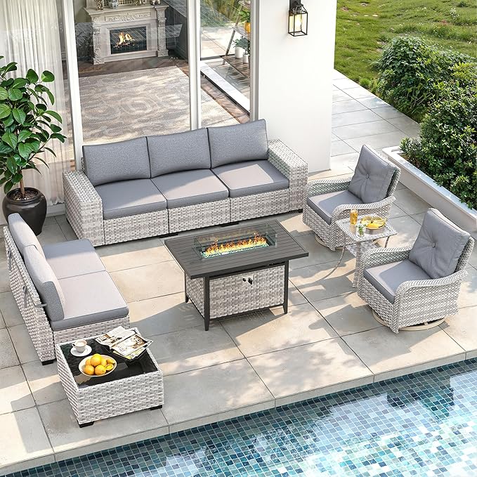 10 Piece Outdoor Wicker Rattan Sectional Sofa Set with Swivel Chairs & Fire Pit Table, 7-Seats with 4" Thickened Cushions & Coffee Table, All-Weather PE Rattan for Garden, Backyard, Porch, Grey