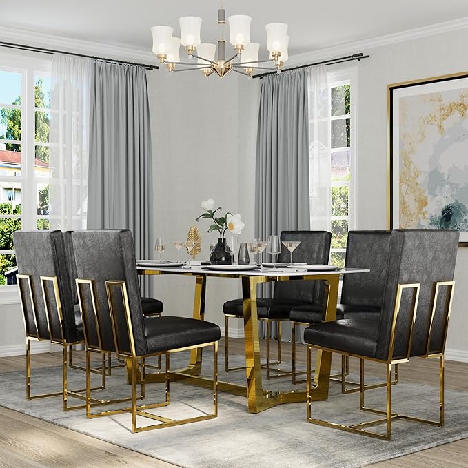 AUZ Dining Chairs Set of 8, Black Faux Leather Upholstered Dining Room Chairs with Polished Gold Stainless Steel Sled Legs