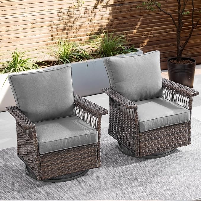 Outdoor Swivel Glider Chairs Set of 2 - Hollow Widen Armrests Wicker Patio Furniture Set, Comfortable High Back Outside Swivel Rocker for Balcony Porch Deck and Yard - Brown/Gray