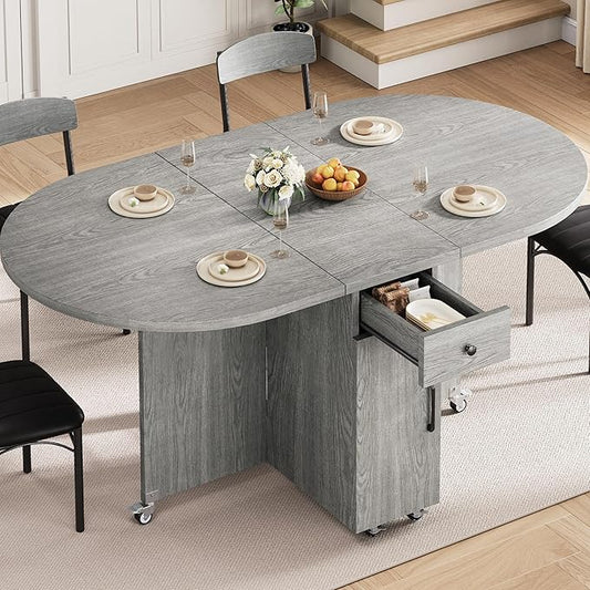 Folding Dining Table for 4 Kitchen Dining Room DinnerTable with Storage Drawer Space Saving Oval Foldable Drop Leaf Gateleg Furniture for Small Space (Grey, 51 * 31.5 * 30)