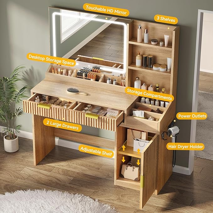 DWVO Fluted Makeup Vanity Desk with Large 27" Mirror and Lights, Modern Big Makeup Table with Power Outlet, 11 Shelves & 2 Drawers, 3 Color Lighting Modes, Dressing Table Vanity Set for Bedroom, Oak