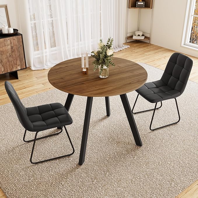 34.6'' Dining Table and Chairs for 2, Mid Century Modern Round Table Set, Space Saving for Apartment Kitchen Dining Room (Walnut Table+2 U-Shaped Black Chairs)