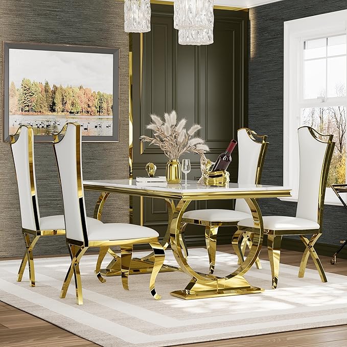 Asday White and Gold Dining Table, 72 inch Dining Room Table with Polished Stainless Steel U-Base for 4-8